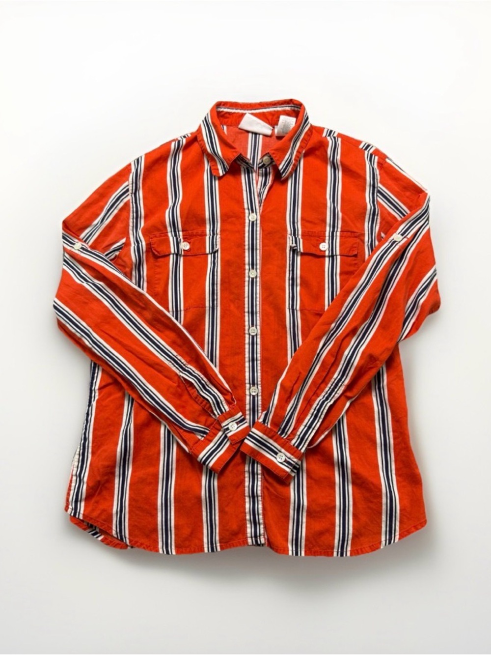 Liz Claiborne Lizsport Women’s Small Orange Blue Stripe Utility Button Shirt